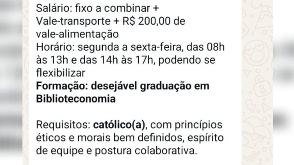 Vaga de emprego em Goiânia exige que candidato seja católico e gera polêmica