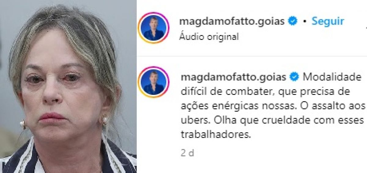 Em post no Instagram, deputada goiana critica assalto aos motoristas de uber, mas não propõe solução