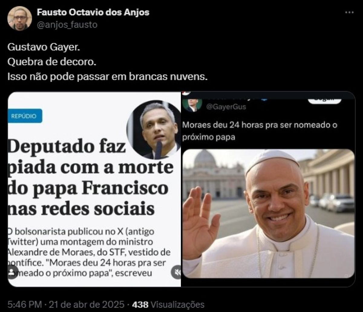 Professor acusa Gayer de quebra de decoro ao zombar com papa